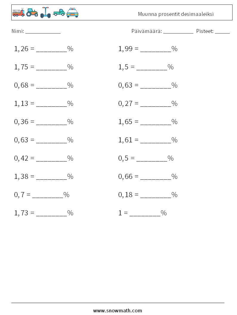 Muunna prosentit desimaaleiksi Matematiikan laskentataulukot 6