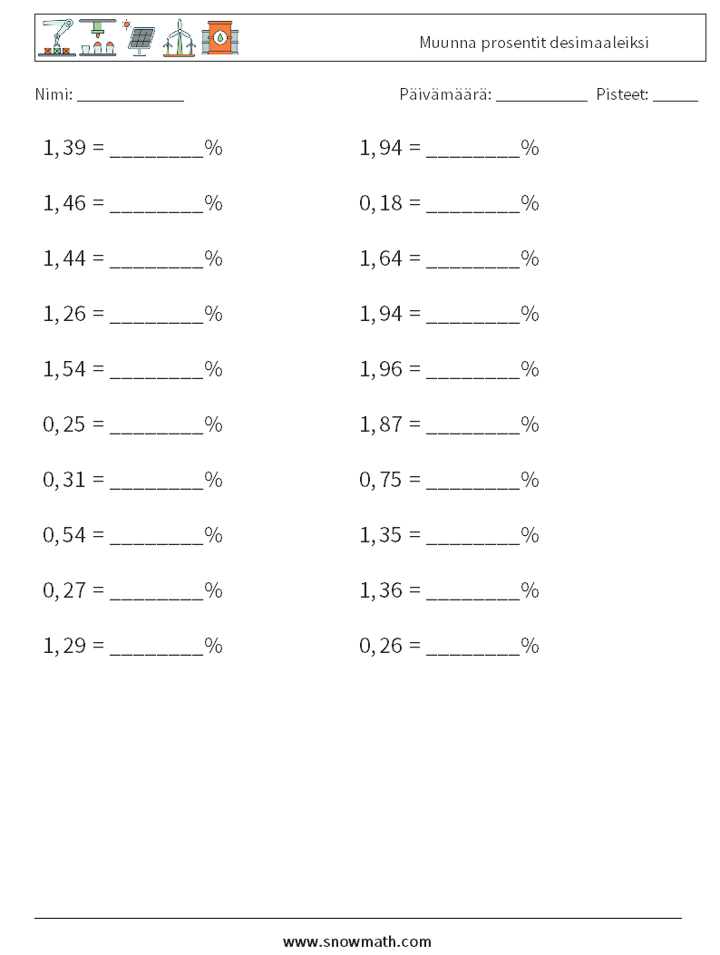 Muunna prosentit desimaaleiksi Matematiikan laskentataulukot 7