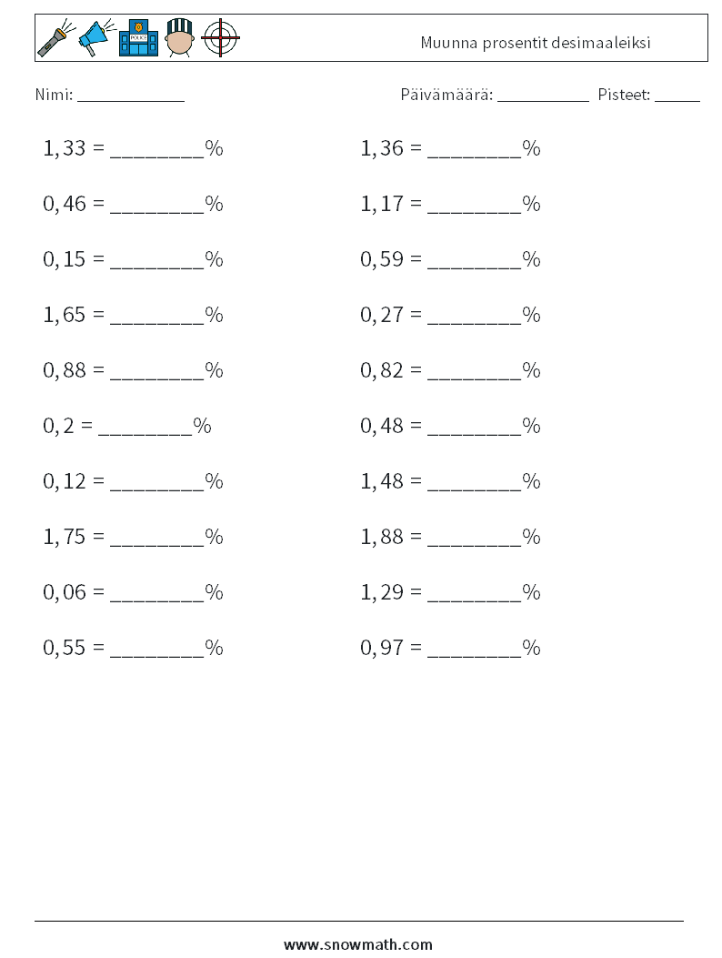 Muunna prosentit desimaaleiksi Matematiikan laskentataulukot 8