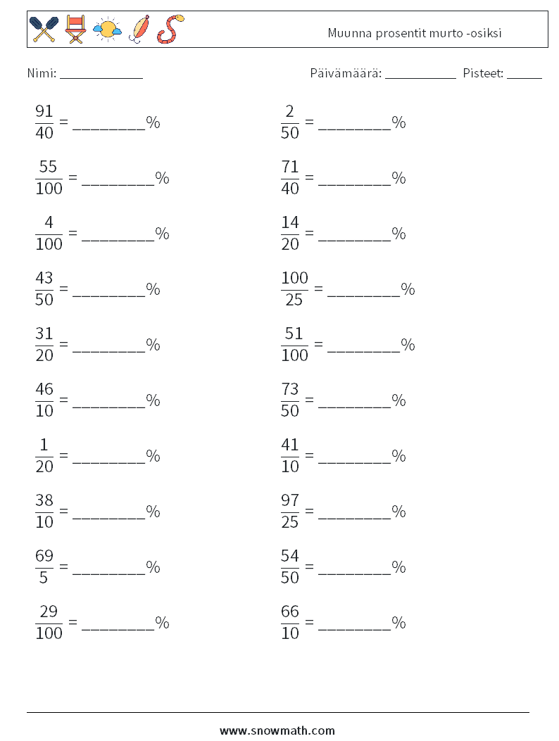 Muunna prosentit murto -osiksi Matematiikan laskentataulukot 1