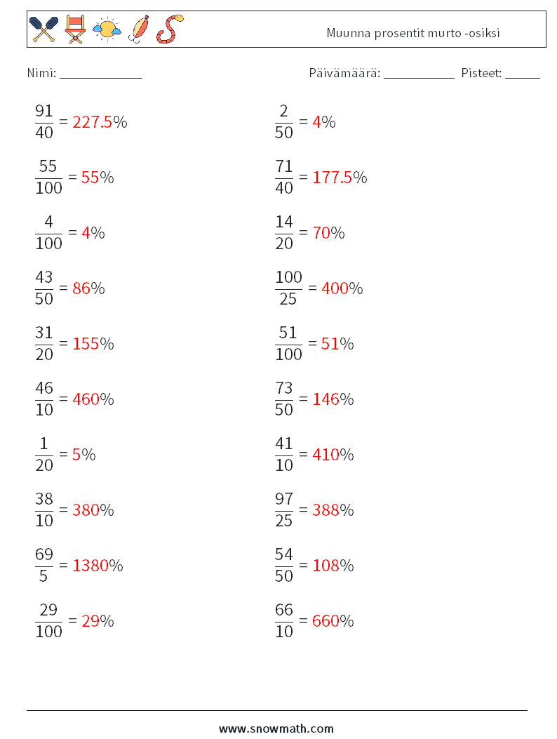 Muunna prosentit murto -osiksi Matematiikan laskentataulukot 1 Kysymys, vastaus