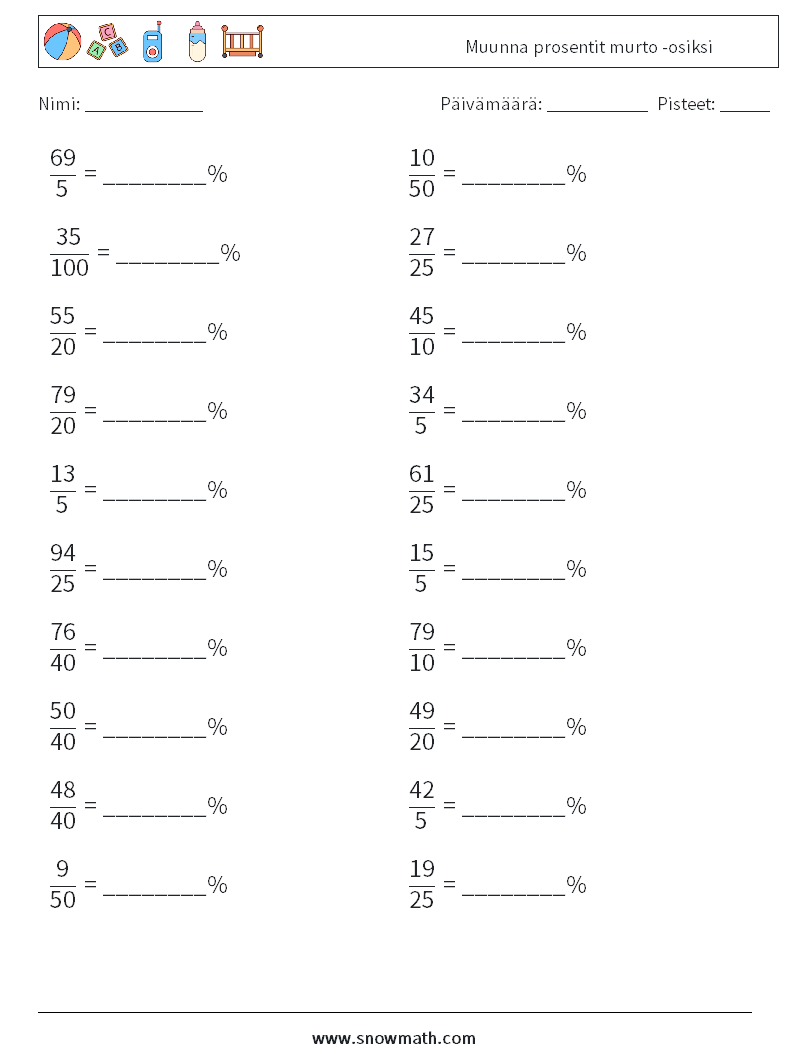 Muunna prosentit murto -osiksi Matematiikan laskentataulukot 2