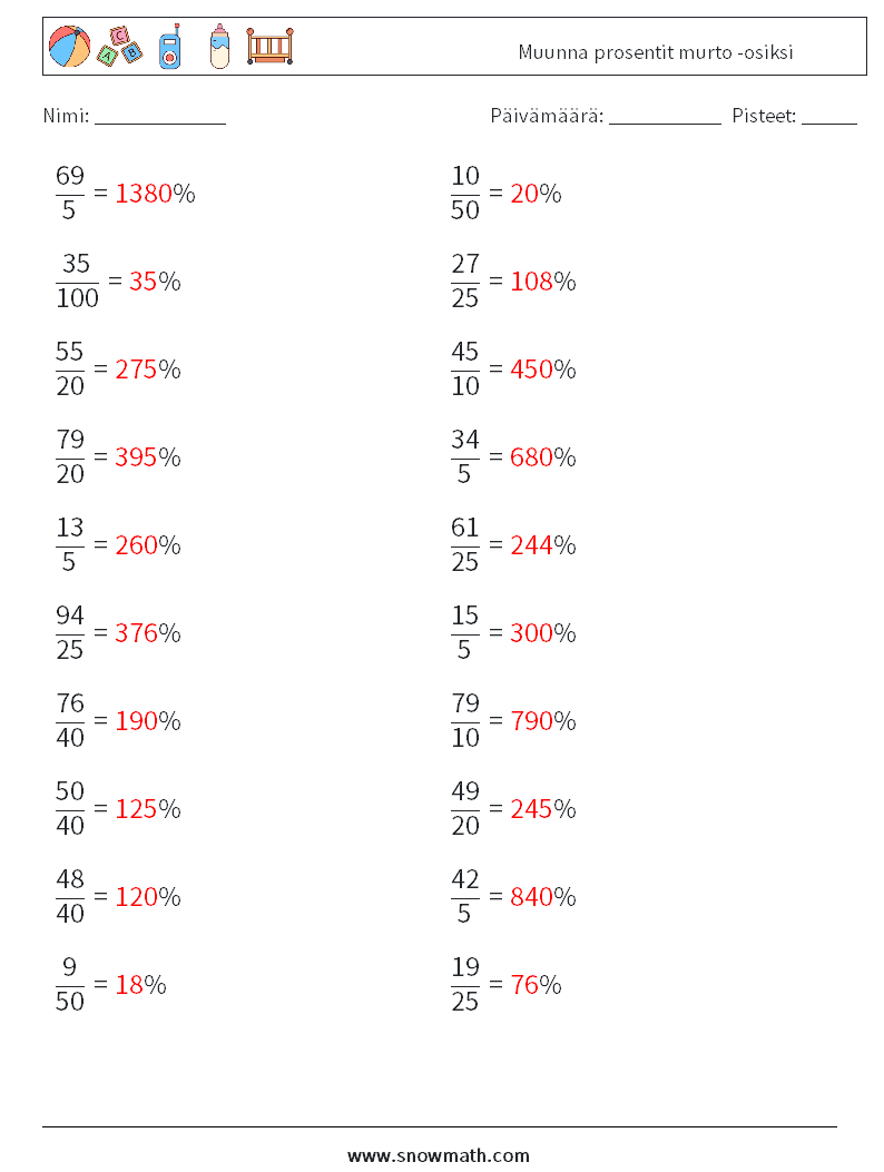 Muunna prosentit murto -osiksi Matematiikan laskentataulukot 2 Kysymys, vastaus