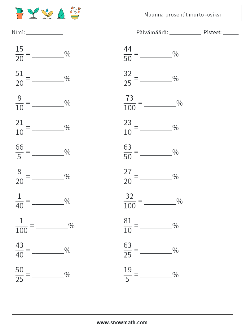 Muunna prosentit murto -osiksi Matematiikan laskentataulukot 3