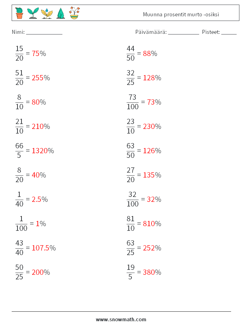 Muunna prosentit murto -osiksi Matematiikan laskentataulukot 3 Kysymys, vastaus