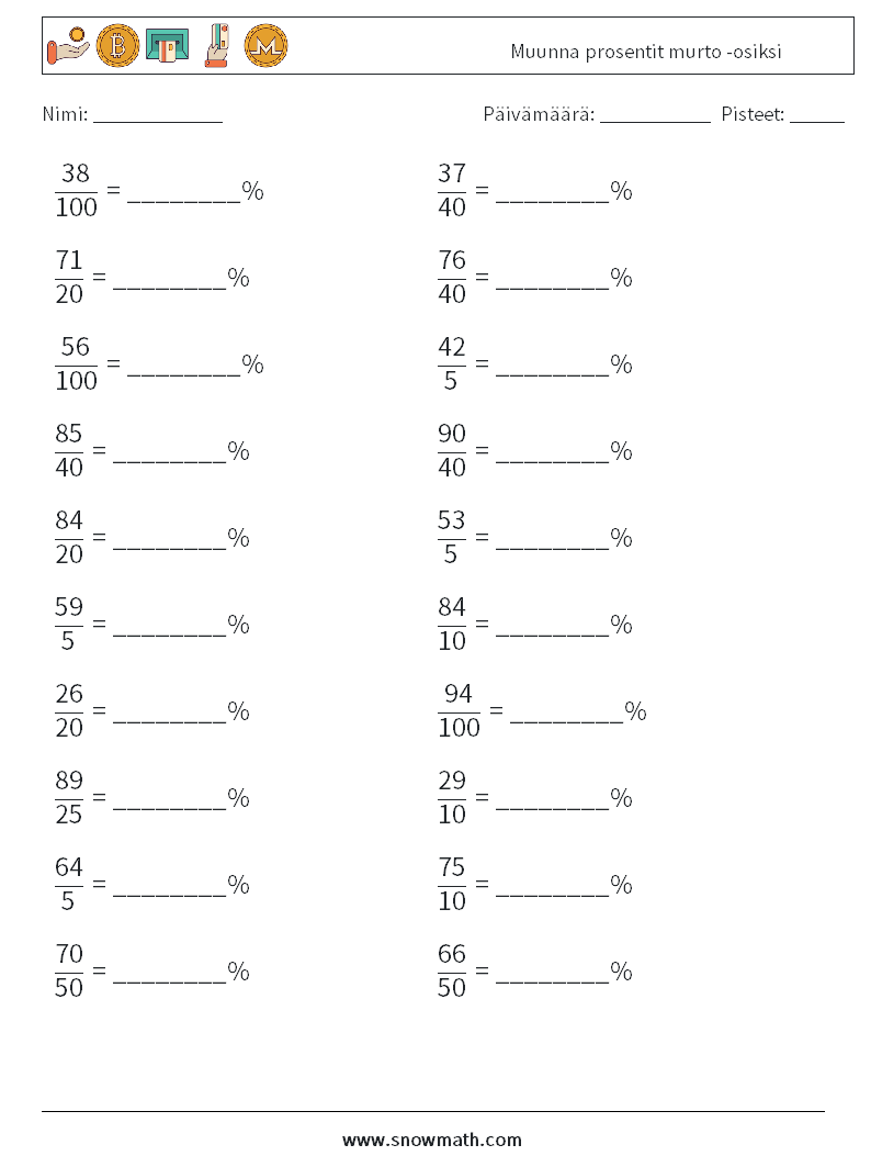 Muunna prosentit murto -osiksi Matematiikan laskentataulukot 4