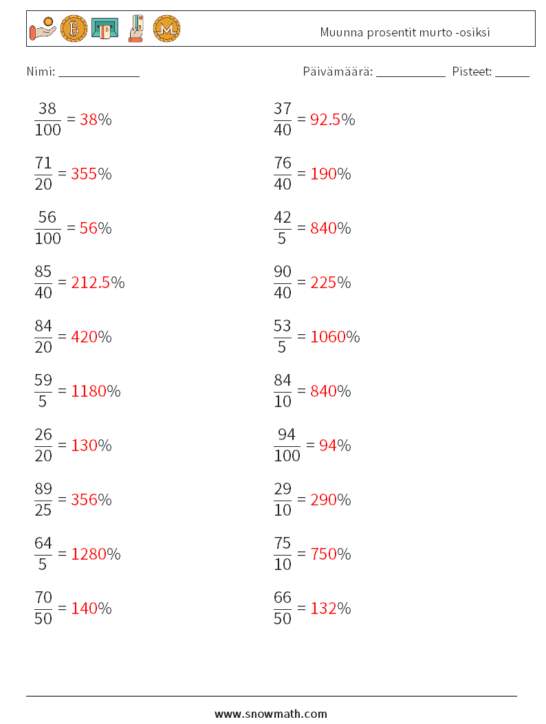 Muunna prosentit murto -osiksi Matematiikan laskentataulukot 4 Kysymys, vastaus