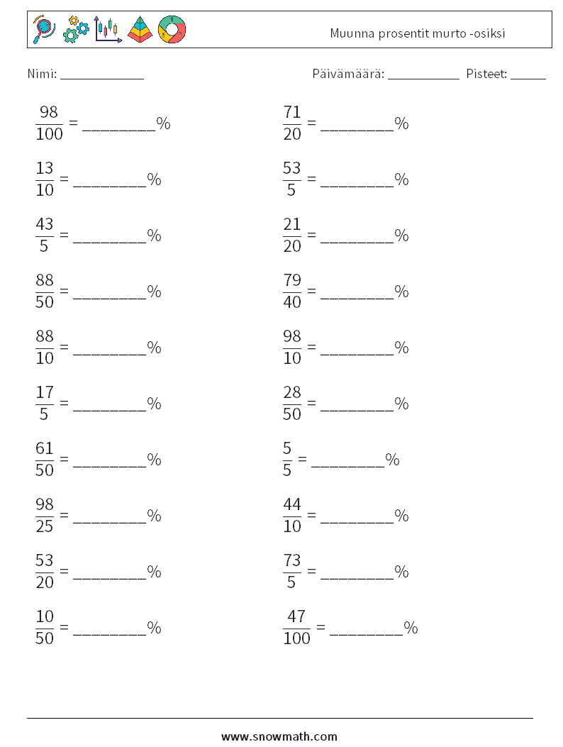 Muunna prosentit murto -osiksi Matematiikan laskentataulukot 5