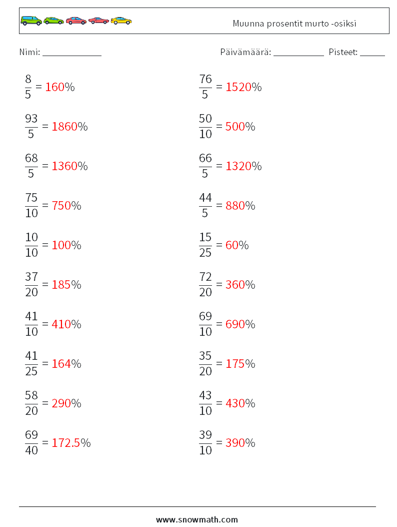 Muunna prosentit murto -osiksi Matematiikan laskentataulukot 7 Kysymys, vastaus