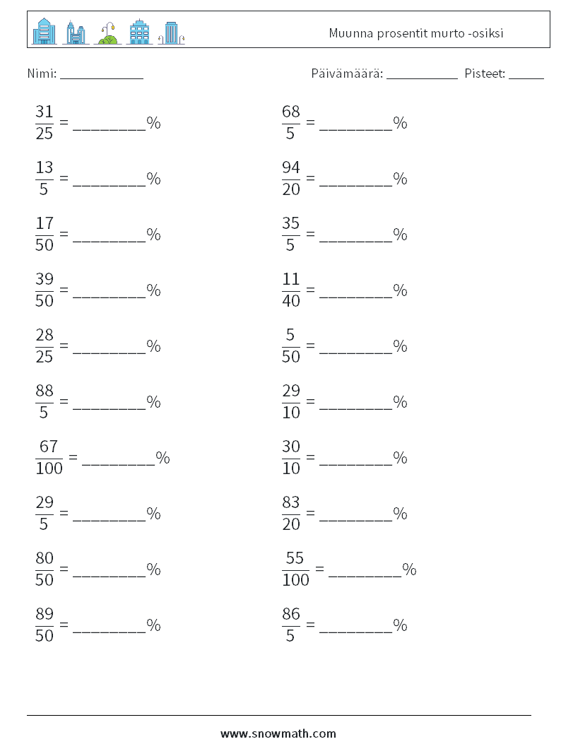 Muunna prosentit murto -osiksi Matematiikan laskentataulukot 8