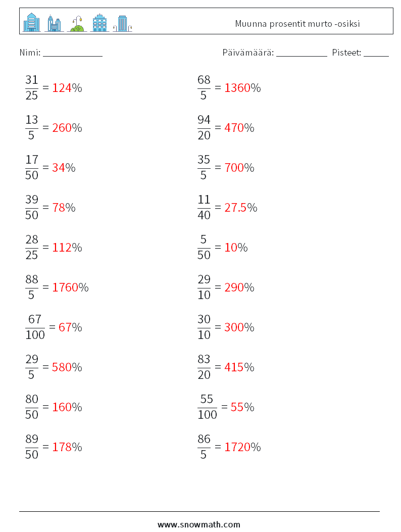 Muunna prosentit murto -osiksi Matematiikan laskentataulukot 8 Kysymys, vastaus