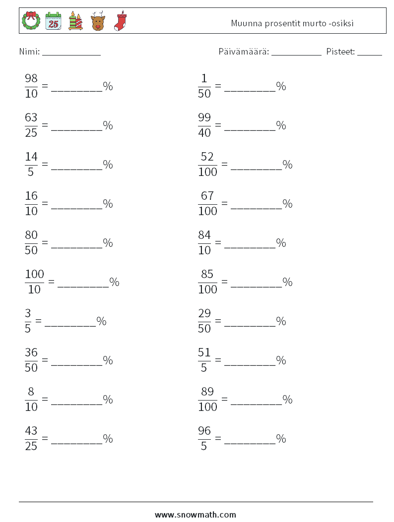 Muunna prosentit murto -osiksi Matematiikan laskentataulukot 9