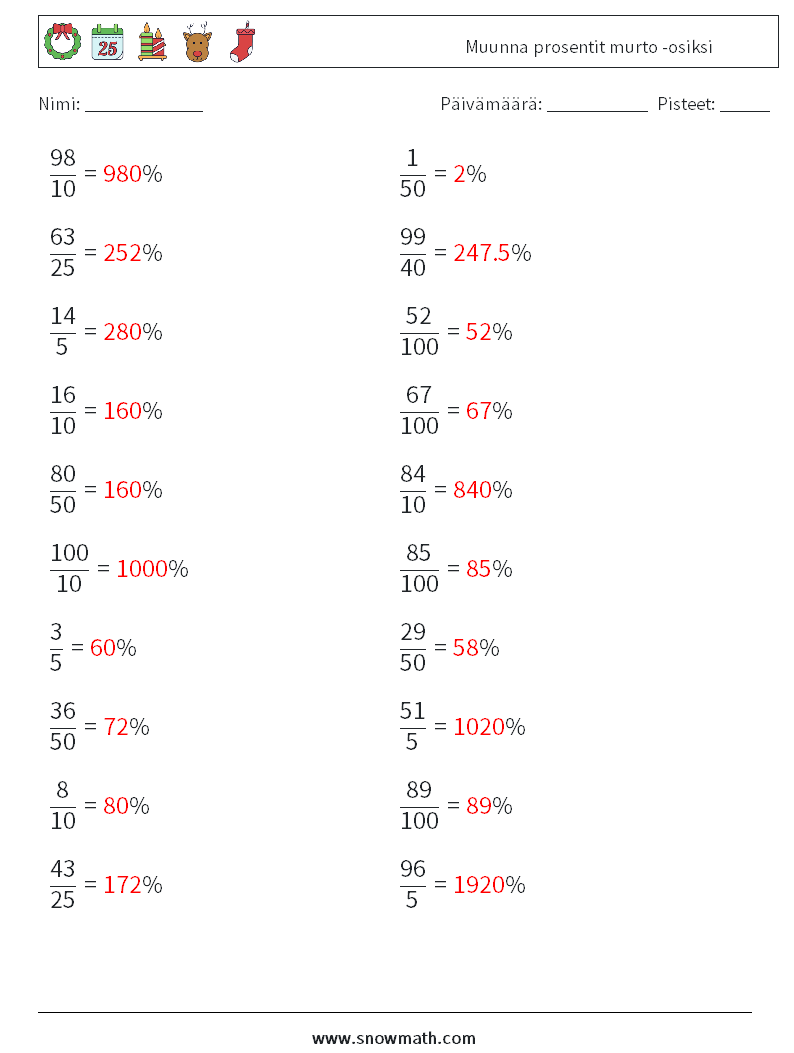 Muunna prosentit murto -osiksi Matematiikan laskentataulukot 9 Kysymys, vastaus