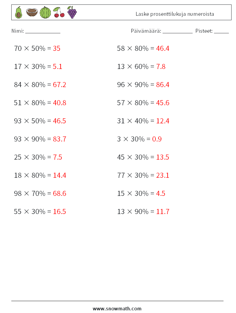 Laske prosenttilukuja numeroista Matematiikan laskentataulukot 1 Kysymys, vastaus