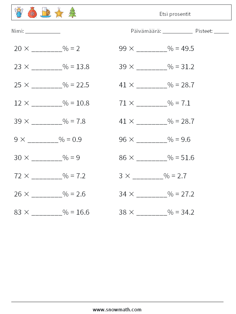 Etsi prosentit Matematiikan laskentataulukot 3