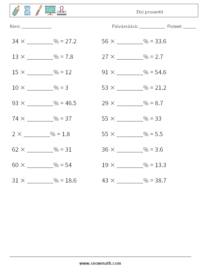 Etsi prosentit Matematiikan laskentataulukot 5