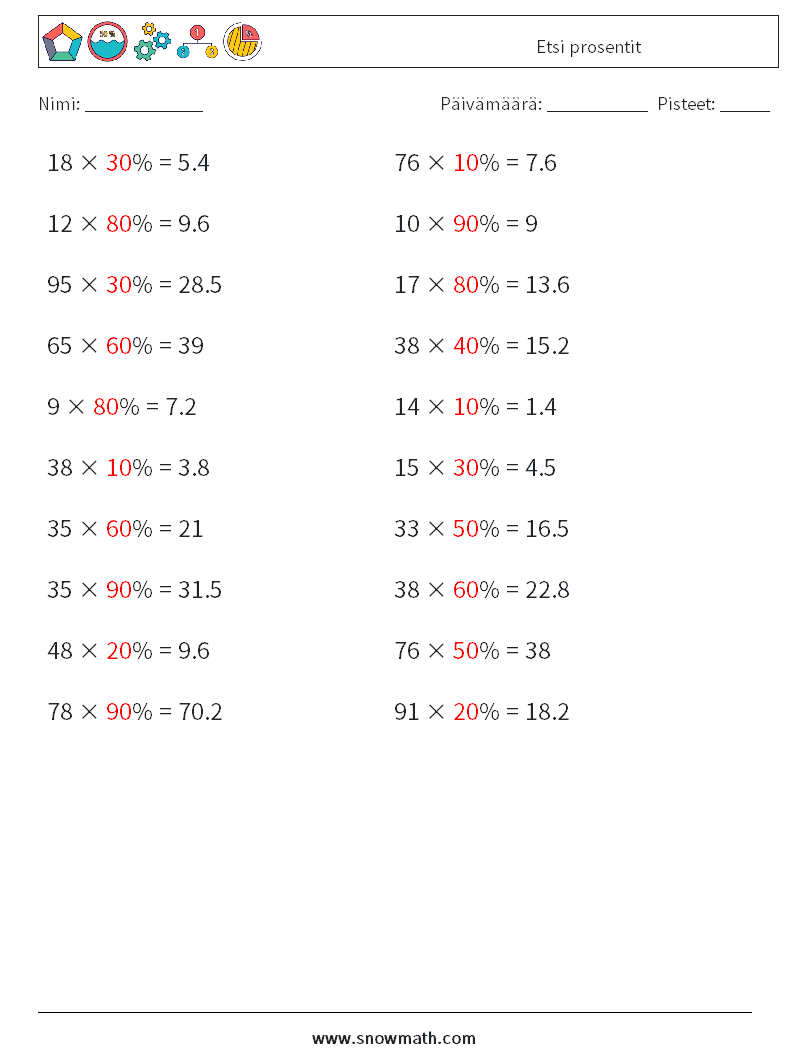 Etsi prosentit Matematiikan laskentataulukot 9 Kysymys, vastaus