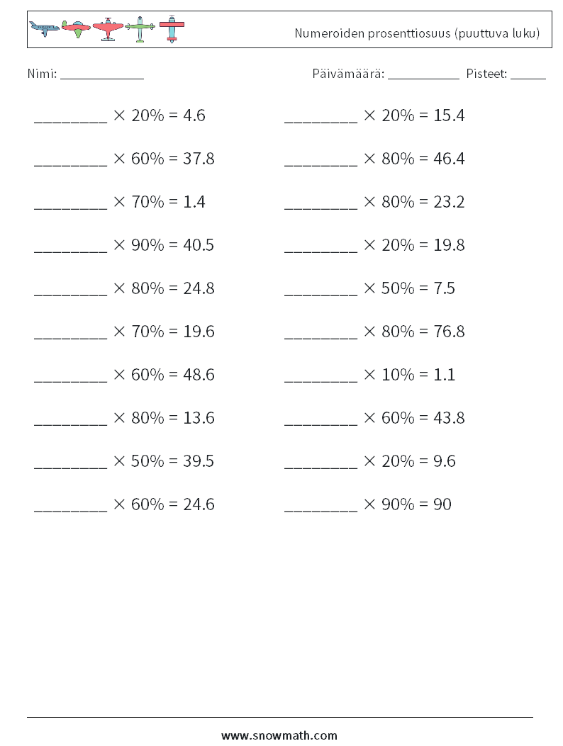 Numeroiden prosenttiosuus (puuttuva luku) Matematiikan laskentataulukot 1