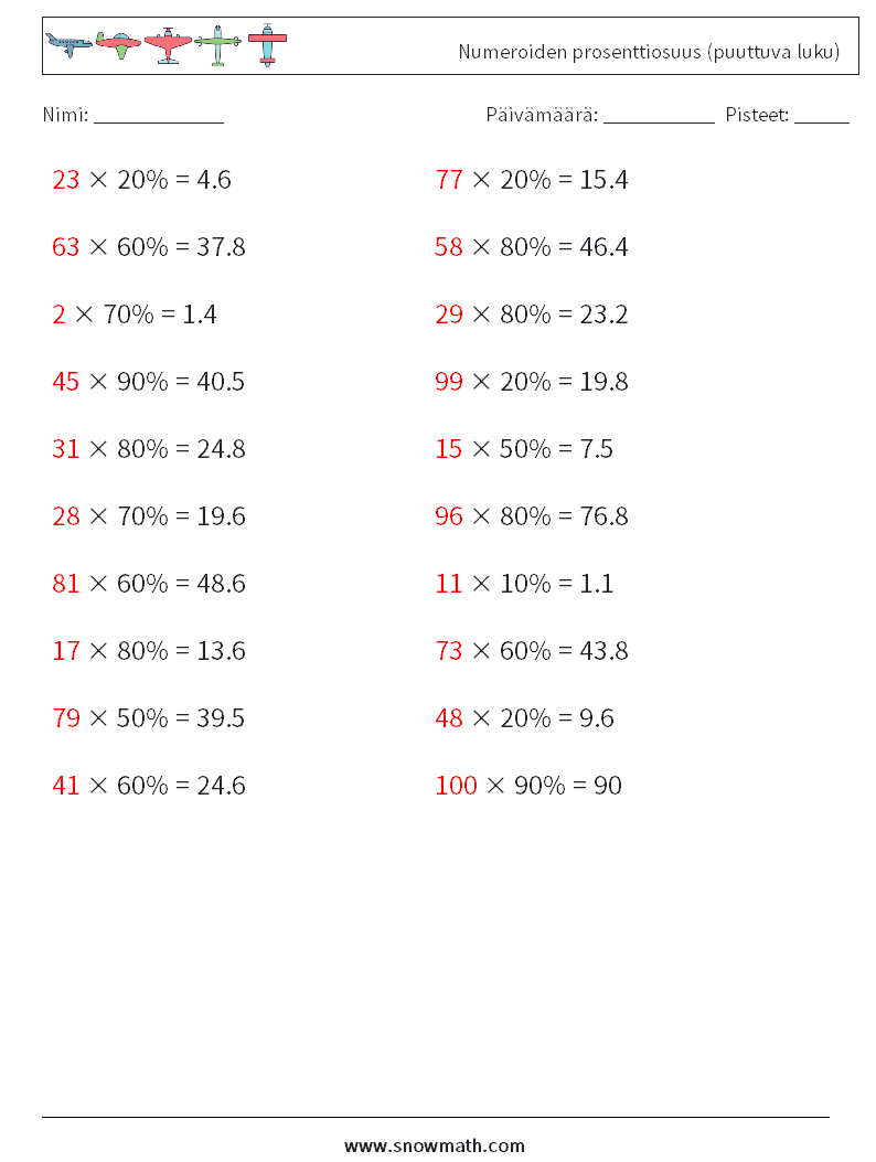 Numeroiden prosenttiosuus (puuttuva luku) Matematiikan laskentataulukot 1 Kysymys, vastaus