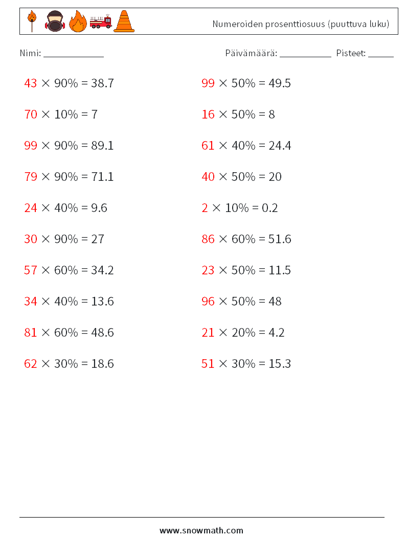 Numeroiden prosenttiosuus (puuttuva luku) Matematiikan laskentataulukot 6 Kysymys, vastaus