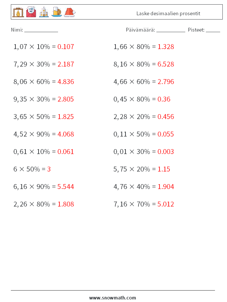 Laske desimaalien prosentit Matematiikan laskentataulukot 2 Kysymys, vastaus