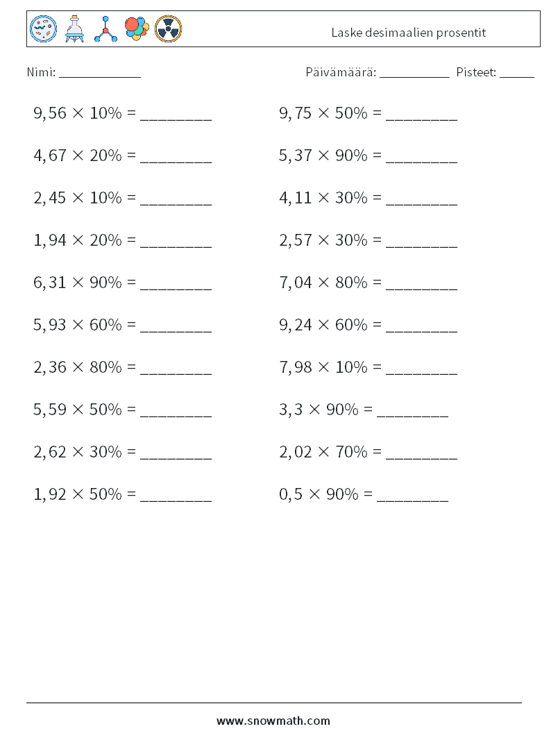 Laske desimaalien prosentit Matematiikan laskentataulukot 3