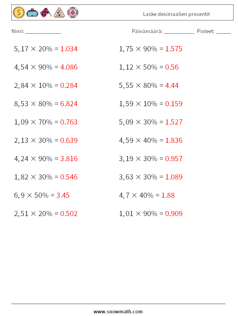 Laske desimaalien prosentit Matematiikan laskentataulukot 4 Kysymys, vastaus