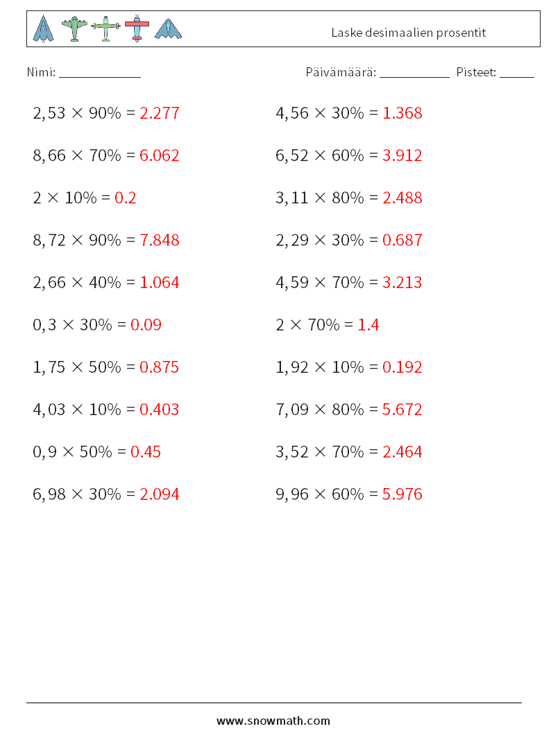 Laske desimaalien prosentit Matematiikan laskentataulukot 6 Kysymys, vastaus