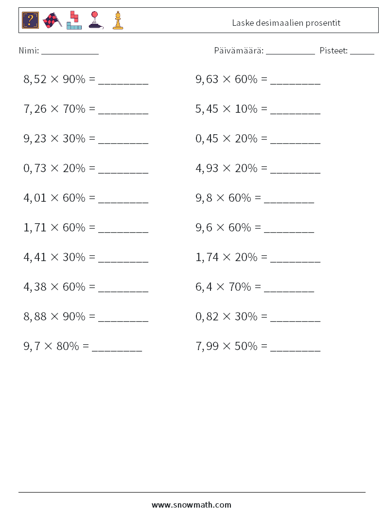 Laske desimaalien prosentit Matematiikan laskentataulukot 7