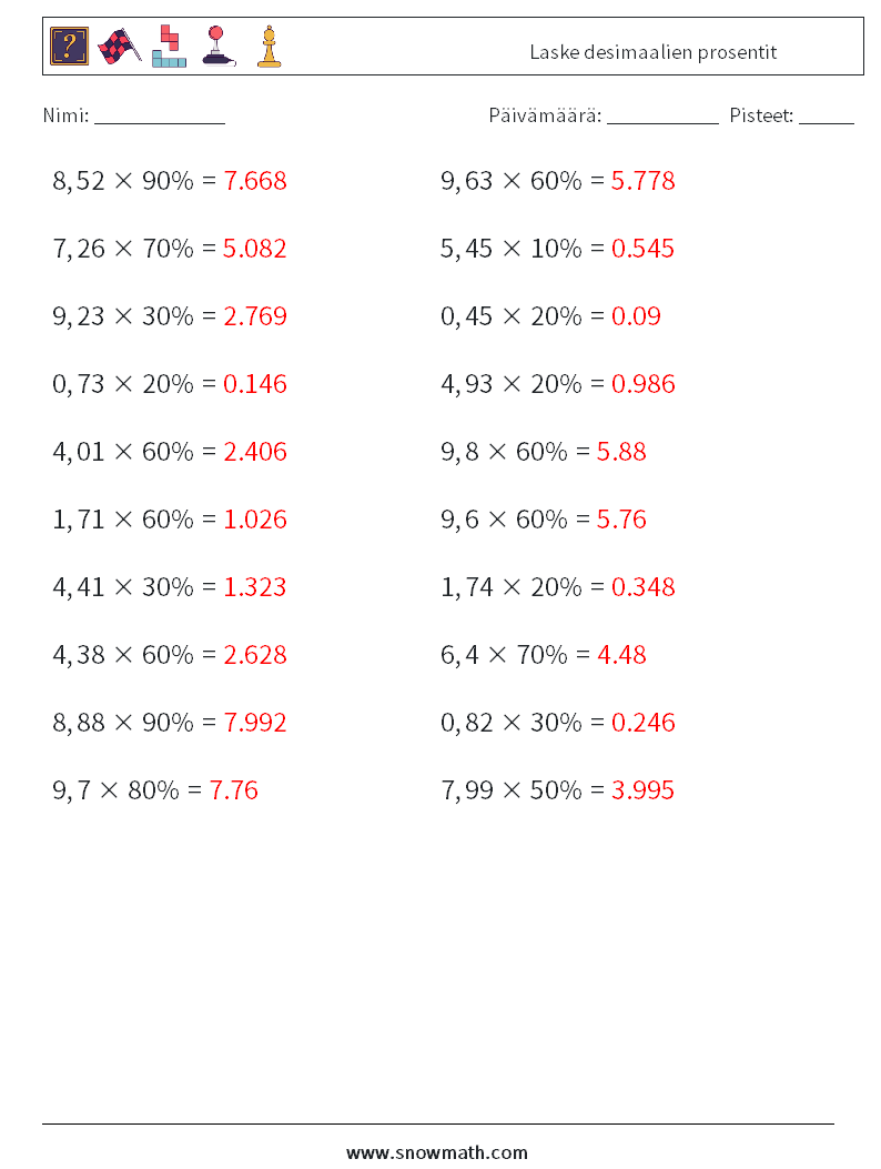 Laske desimaalien prosentit Matematiikan laskentataulukot 7 Kysymys, vastaus