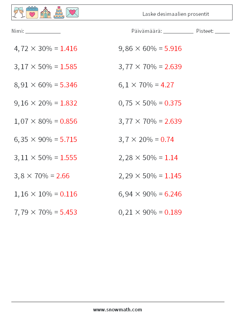 Laske desimaalien prosentit Matematiikan laskentataulukot 8 Kysymys, vastaus