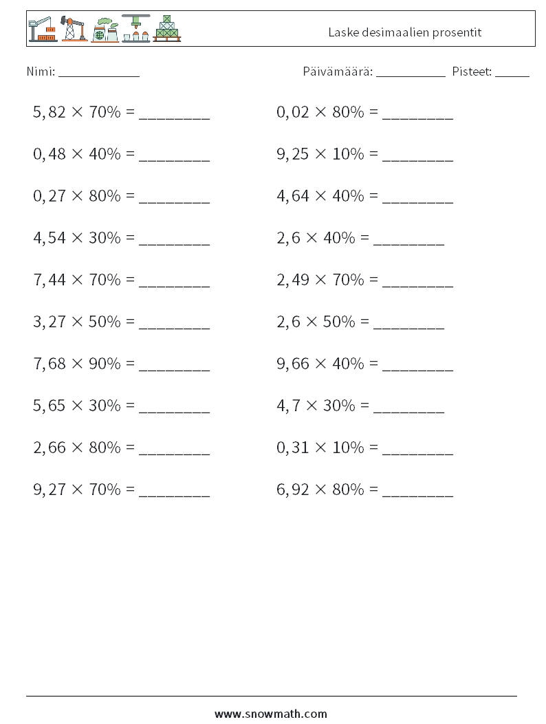 Laske desimaalien prosentit Matematiikan laskentataulukot 9