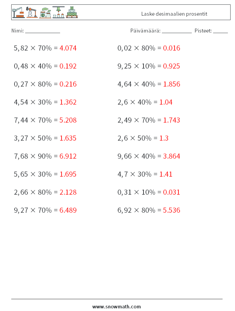 Laske desimaalien prosentit Matematiikan laskentataulukot 9 Kysymys, vastaus