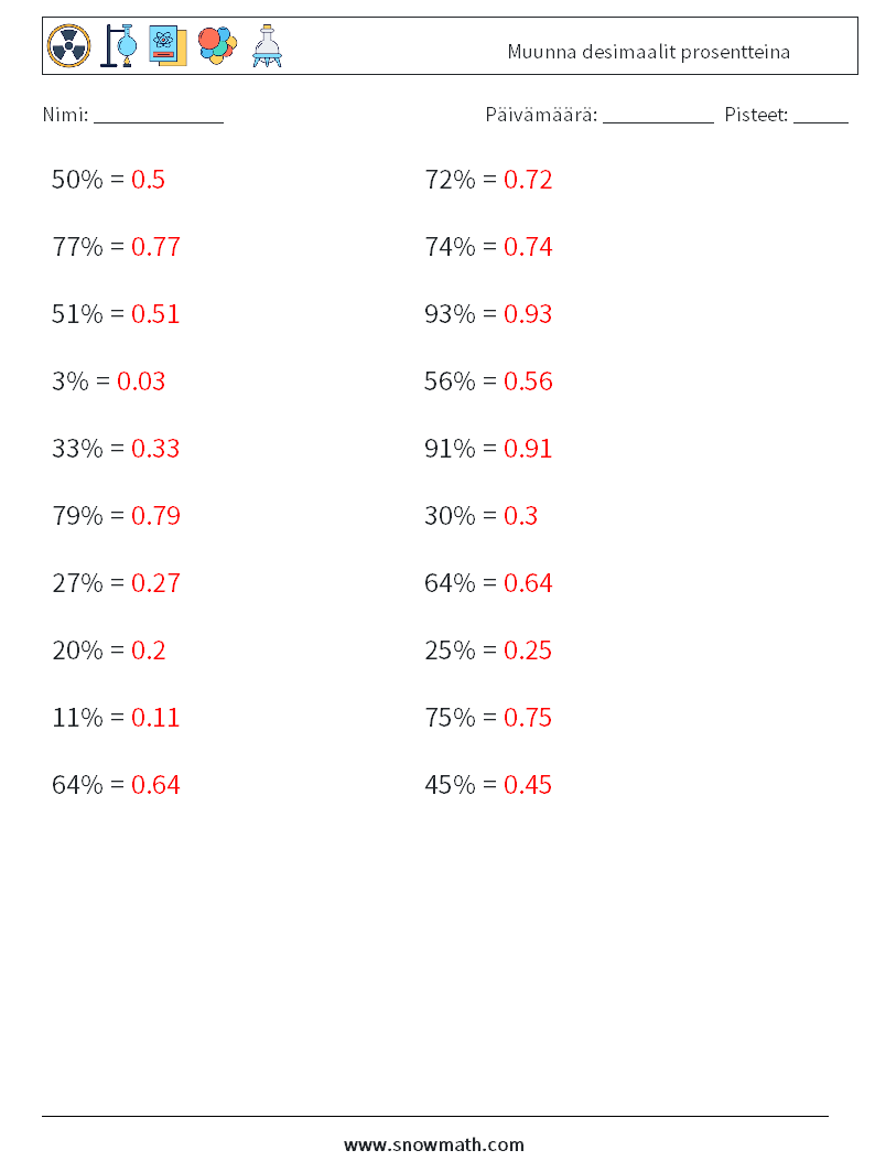 Muunna desimaalit prosentteina Matematiikan laskentataulukot 1 Kysymys, vastaus