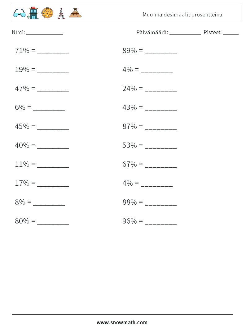 Muunna desimaalit prosentteina Matematiikan laskentataulukot 2