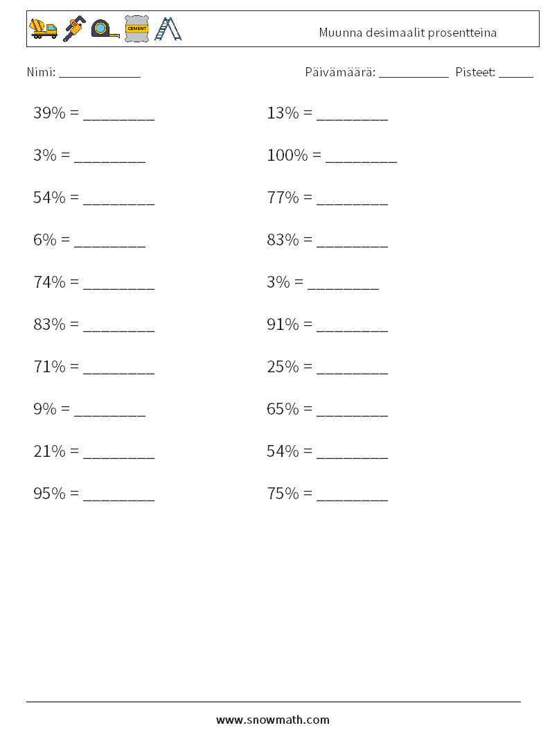 Muunna desimaalit prosentteina Matematiikan laskentataulukot 3