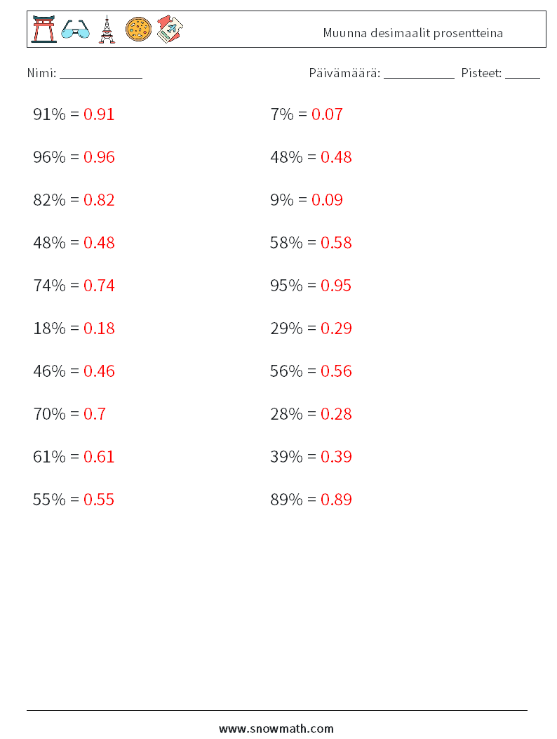 Muunna desimaalit prosentteina Matematiikan laskentataulukot 4 Kysymys, vastaus