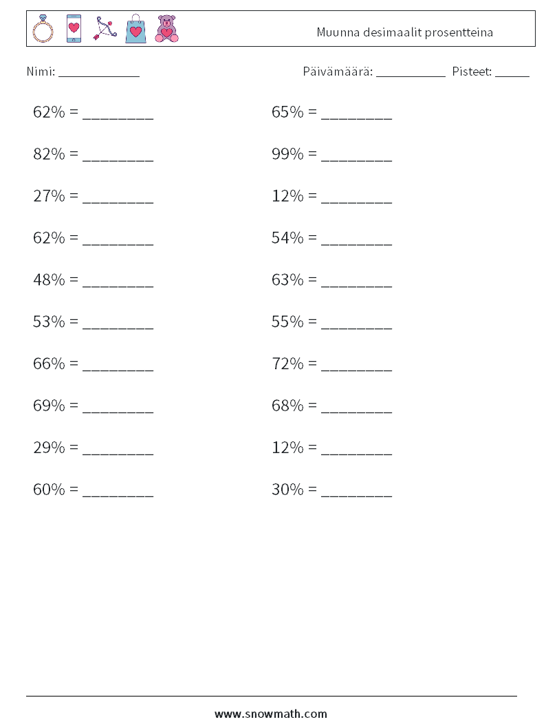 Muunna desimaalit prosentteina Matematiikan laskentataulukot 5