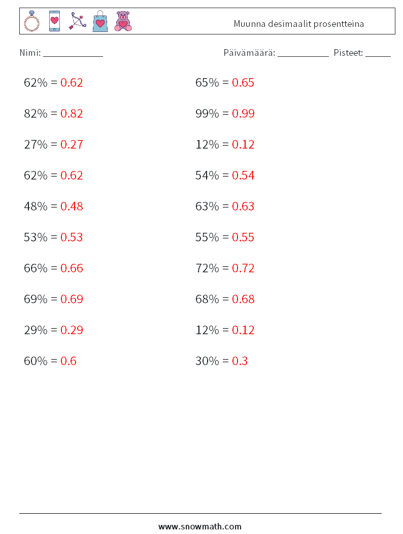 Muunna desimaalit prosentteina Matematiikan laskentataulukot 5 Kysymys, vastaus