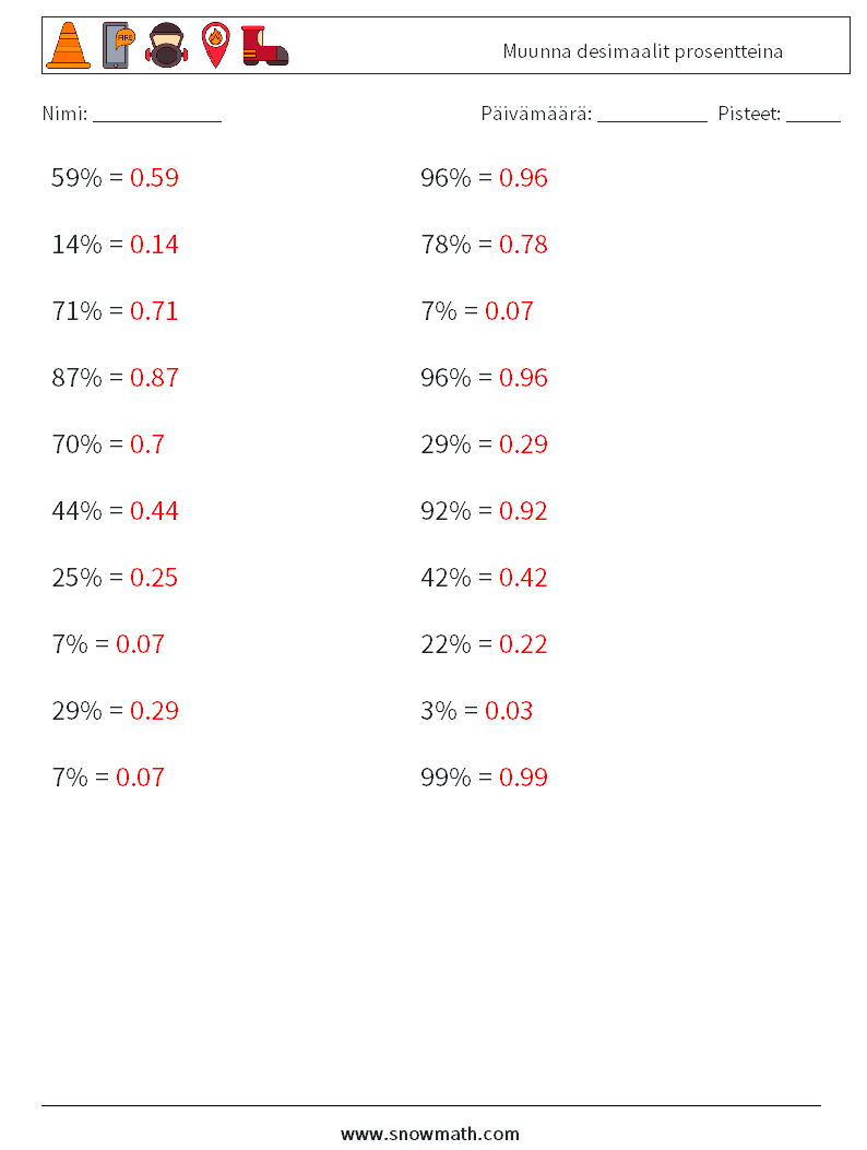 Muunna desimaalit prosentteina Matematiikan laskentataulukot 6 Kysymys, vastaus