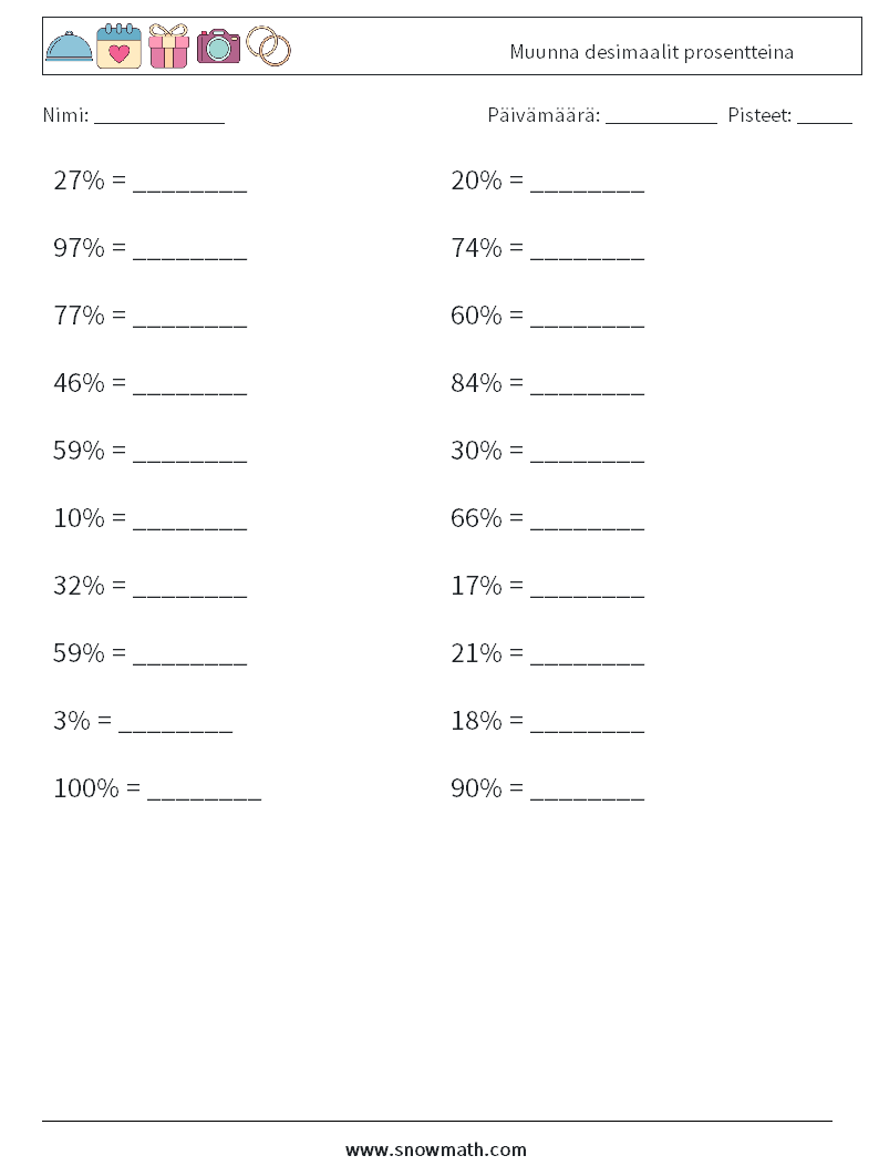 Muunna desimaalit prosentteina Matematiikan laskentataulukot 7