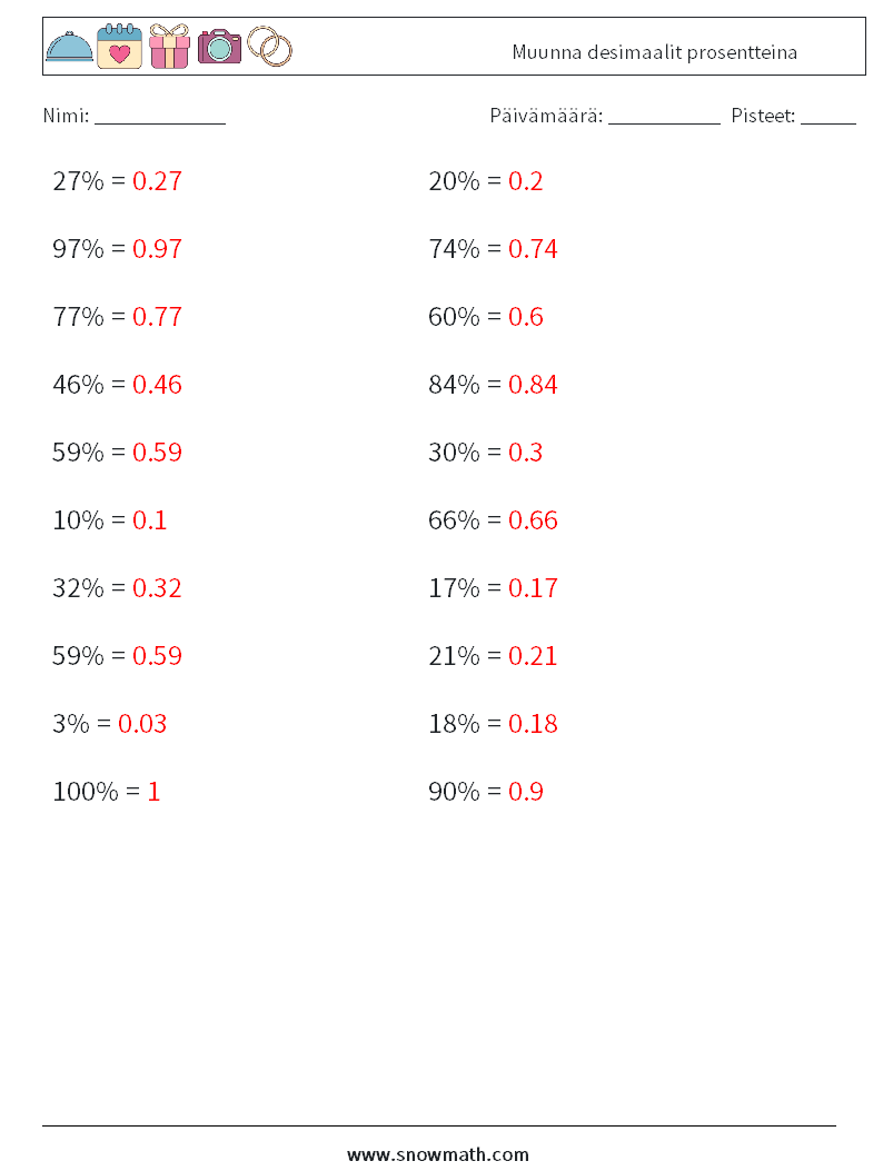 Muunna desimaalit prosentteina Matematiikan laskentataulukot 7 Kysymys, vastaus