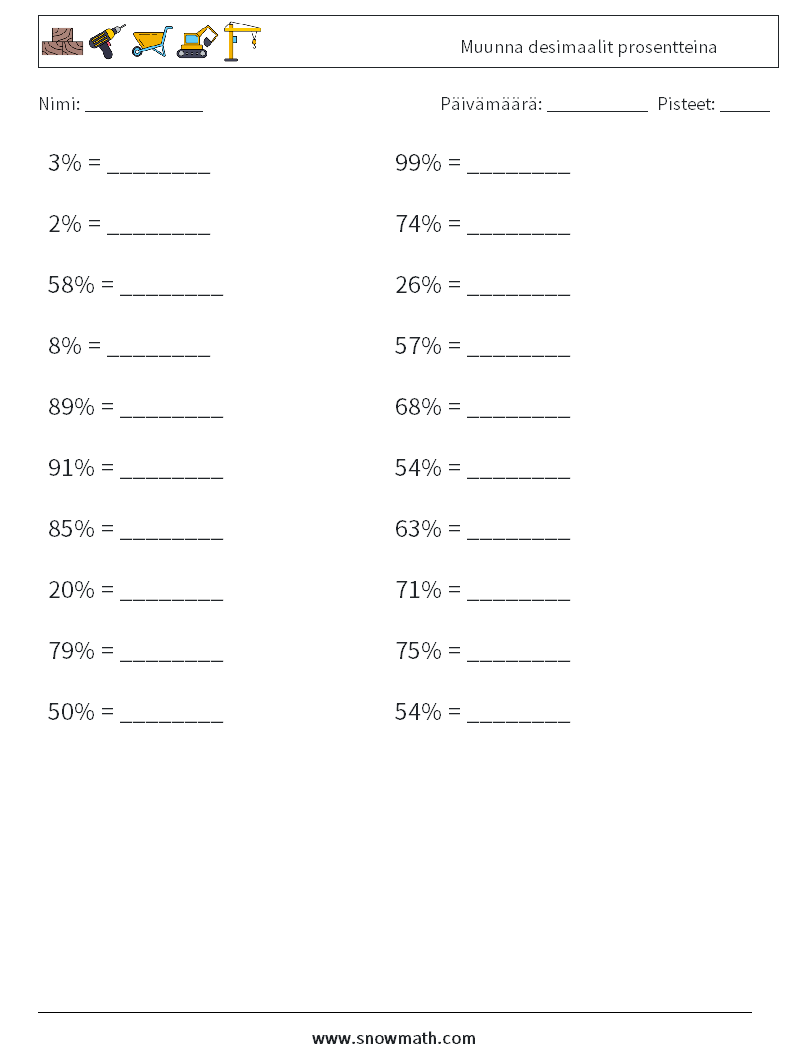 Muunna desimaalit prosentteina Matematiikan laskentataulukot 8