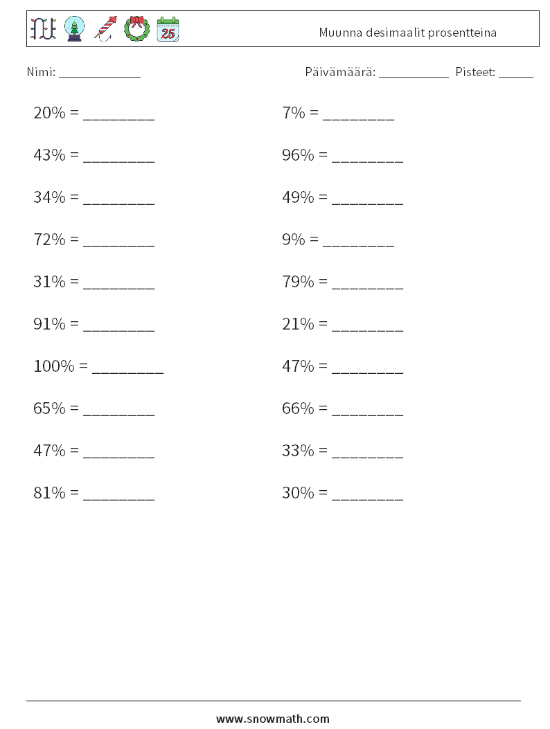 Muunna desimaalit prosentteina Matematiikan laskentataulukot 9