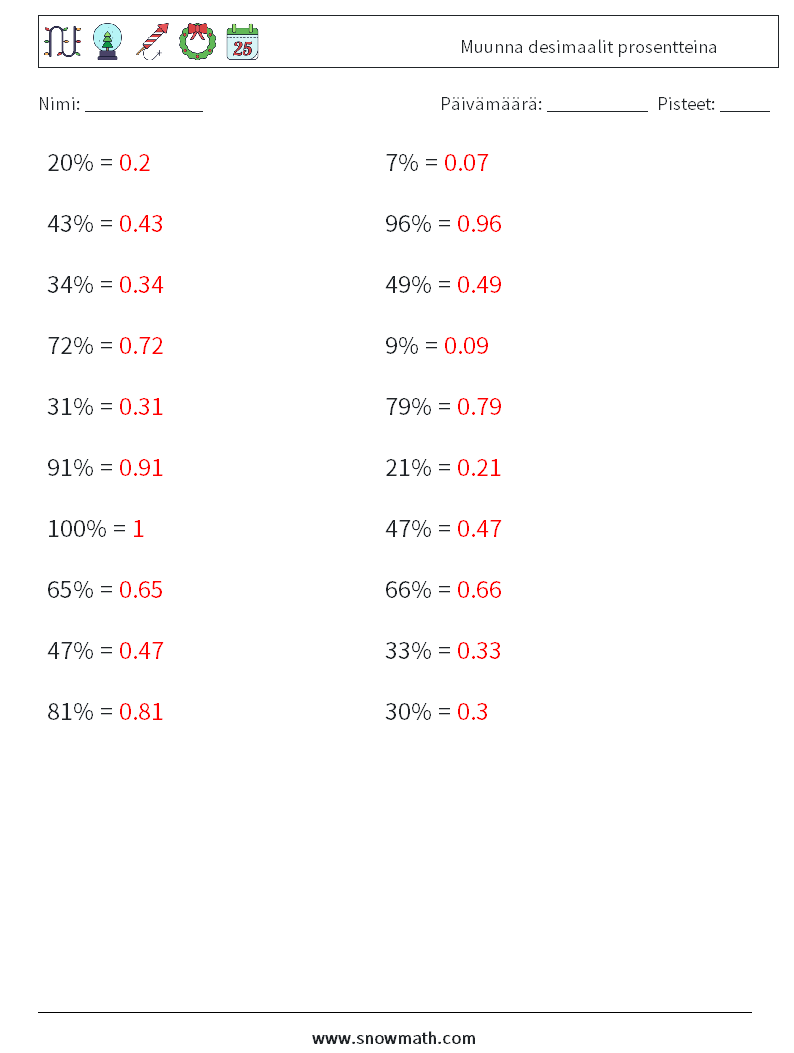 Muunna desimaalit prosentteina Matematiikan laskentataulukot 9 Kysymys, vastaus