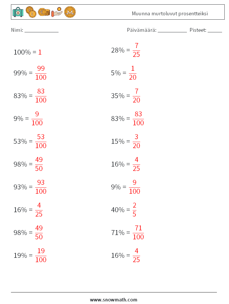 Muunna murtoluvut prosentteiksi Matematiikan laskentataulukot 1 Kysymys, vastaus