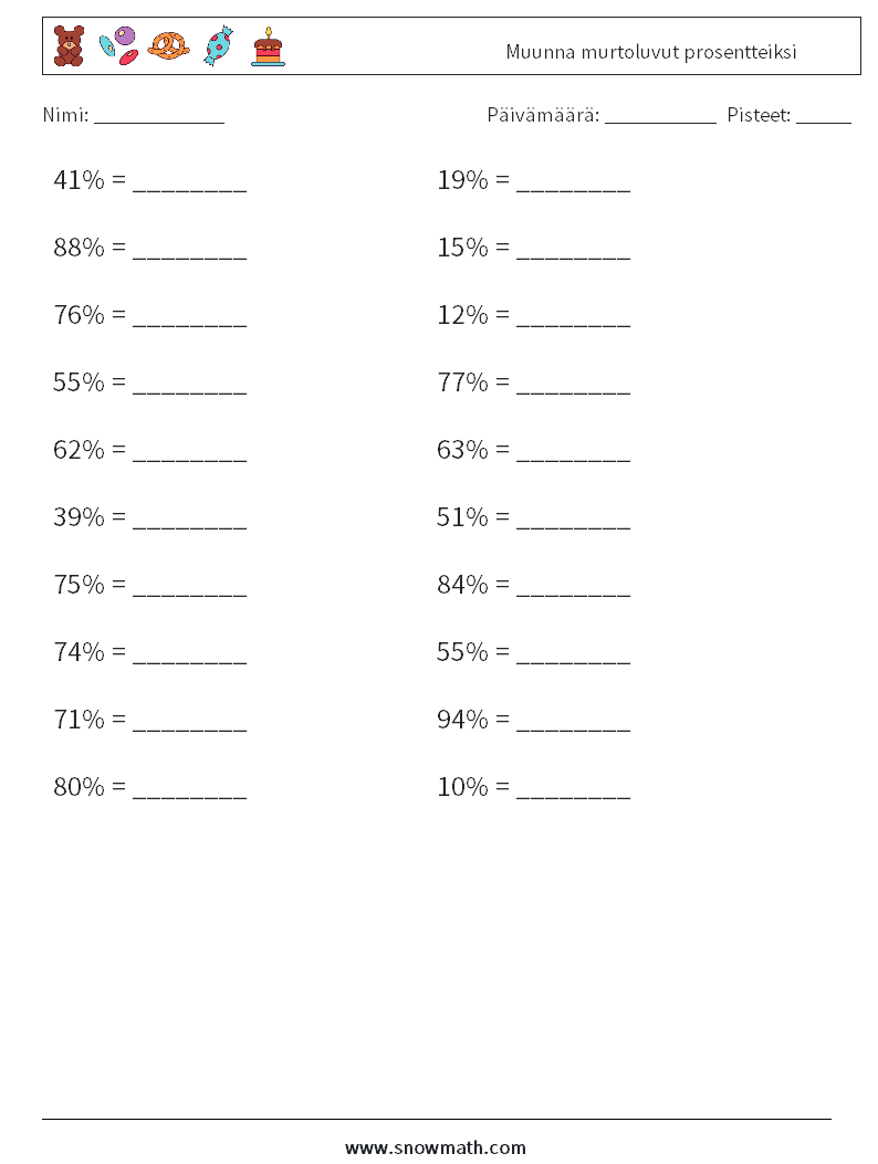 Muunna murtoluvut prosentteiksi Matematiikan laskentataulukot 2