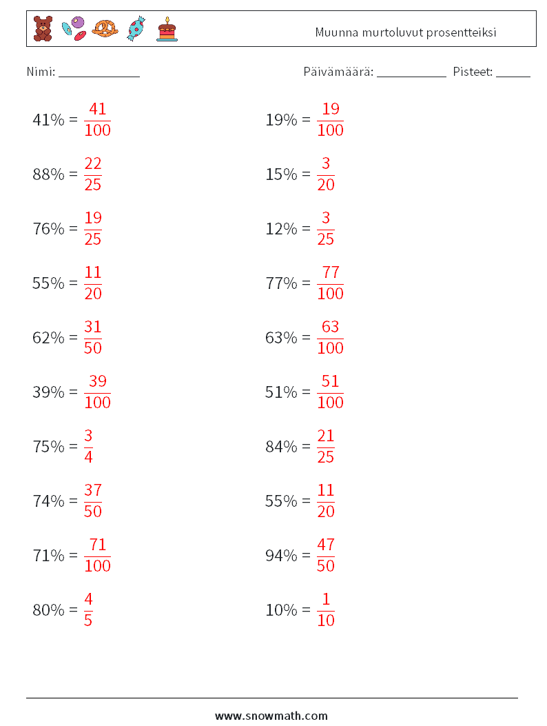 Muunna murtoluvut prosentteiksi Matematiikan laskentataulukot 2 Kysymys, vastaus