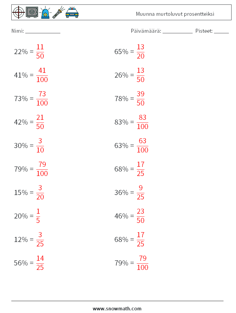 Muunna murtoluvut prosentteiksi Matematiikan laskentataulukot 3 Kysymys, vastaus