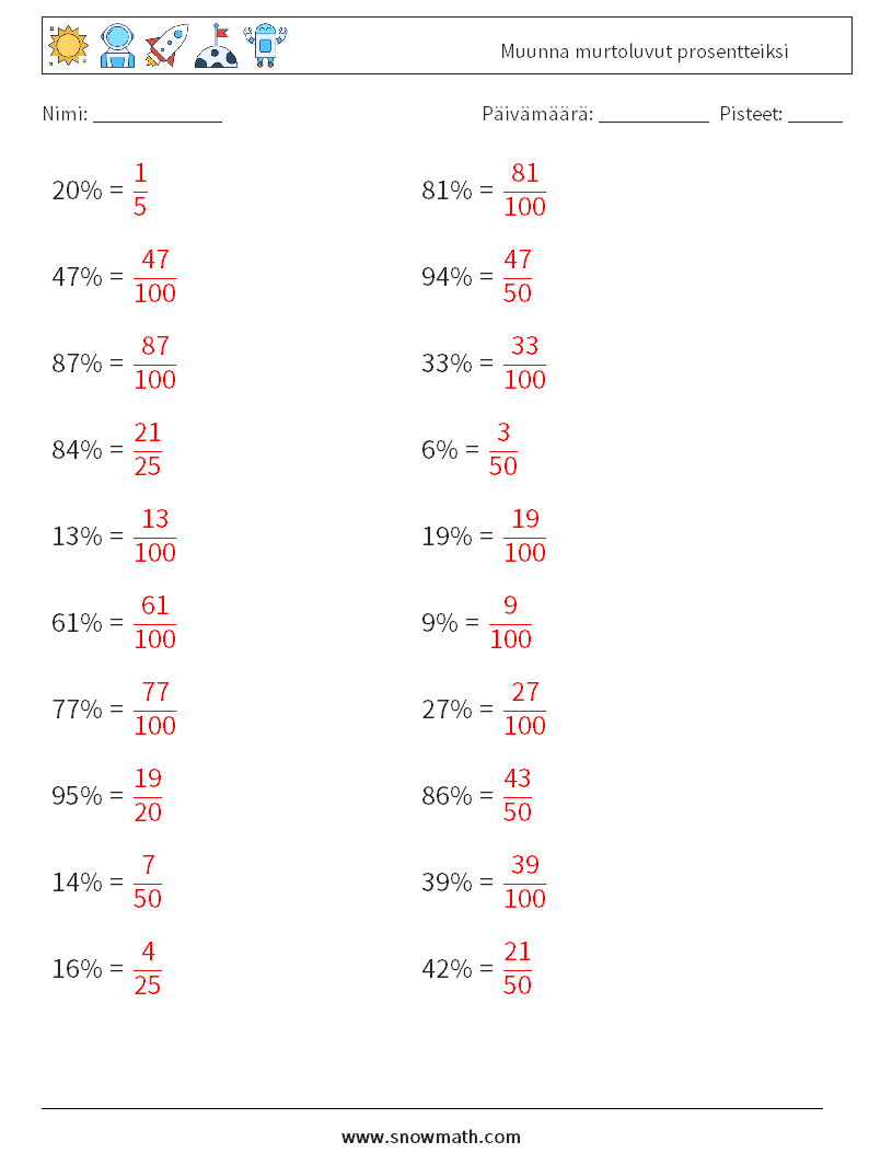 Muunna murtoluvut prosentteiksi Matematiikan laskentataulukot 4 Kysymys, vastaus